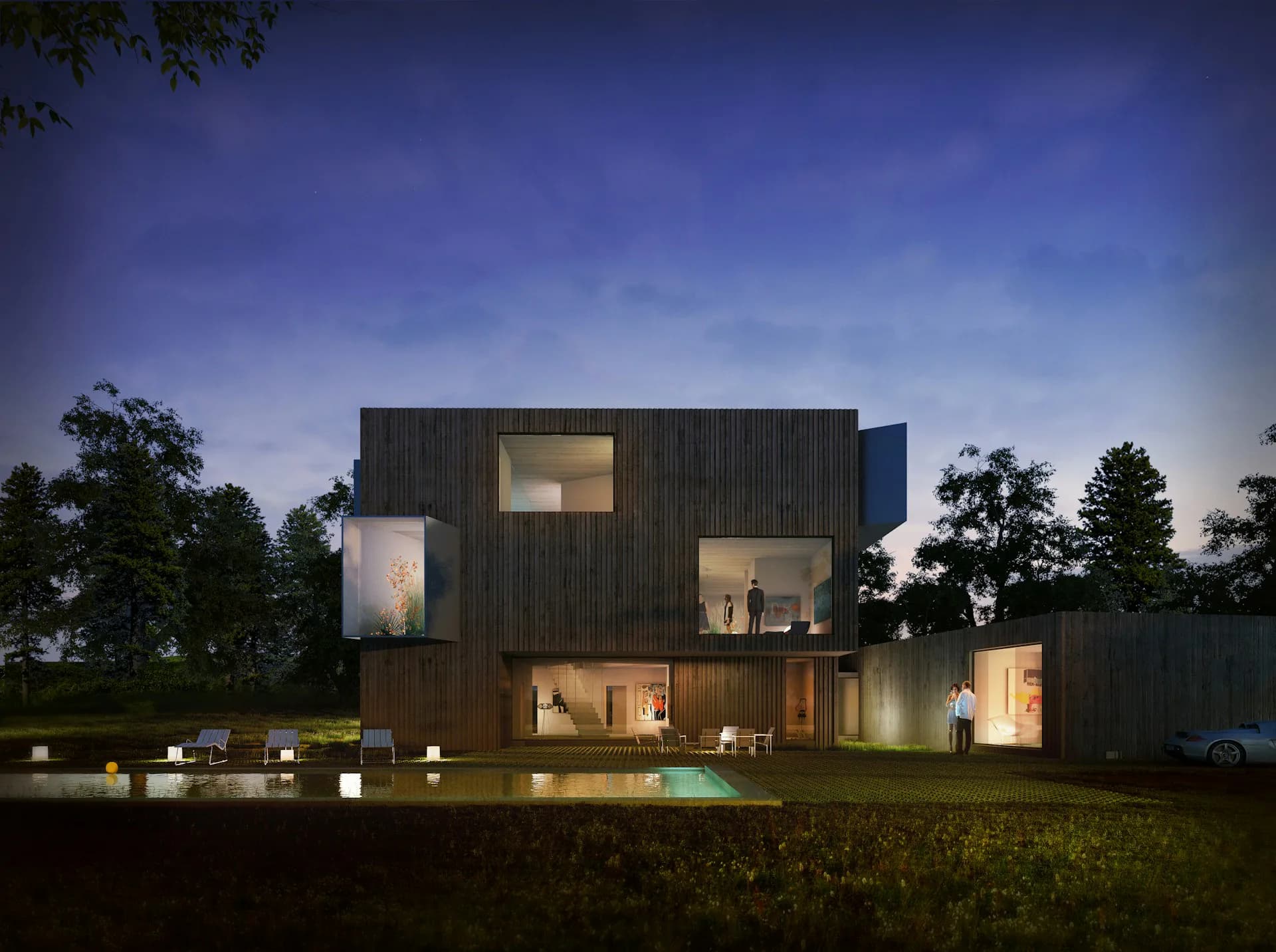 Modern dark-clad cubic house with illuminated interior windows photographed at dusk, surrounded by landscape lighting and mature trees, by Bernheimer Architecture PLLC.