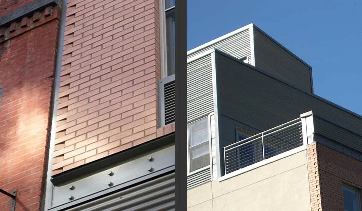 Contemporary building facade featuring red brick, cream-colored panels, and dark metal railings with horizontal metal siding by Beyhan Karahan & Associates, Architects.
