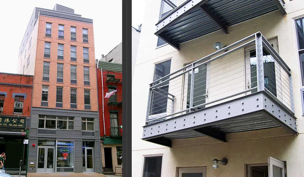 Two urban architectural projects showing adaptive reuse and contemporary design: left image displays a renovated mixed-use building with brick and modern glass storefront; right image shows a residential addition with stacked balconies and steel railings by Beyhan Karahan & Associates, Architects.