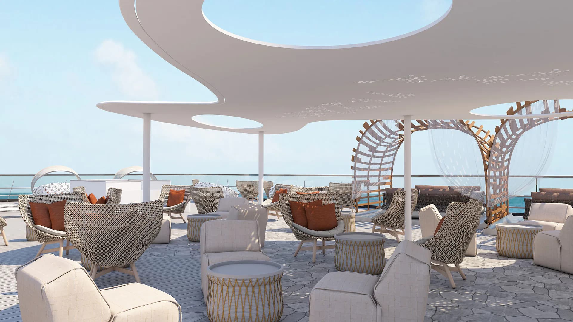 Luxury rooftop terrace with woven lounge seating, sculptural pergolas, and panoramic ocean views designed by BG Studio International Inc.