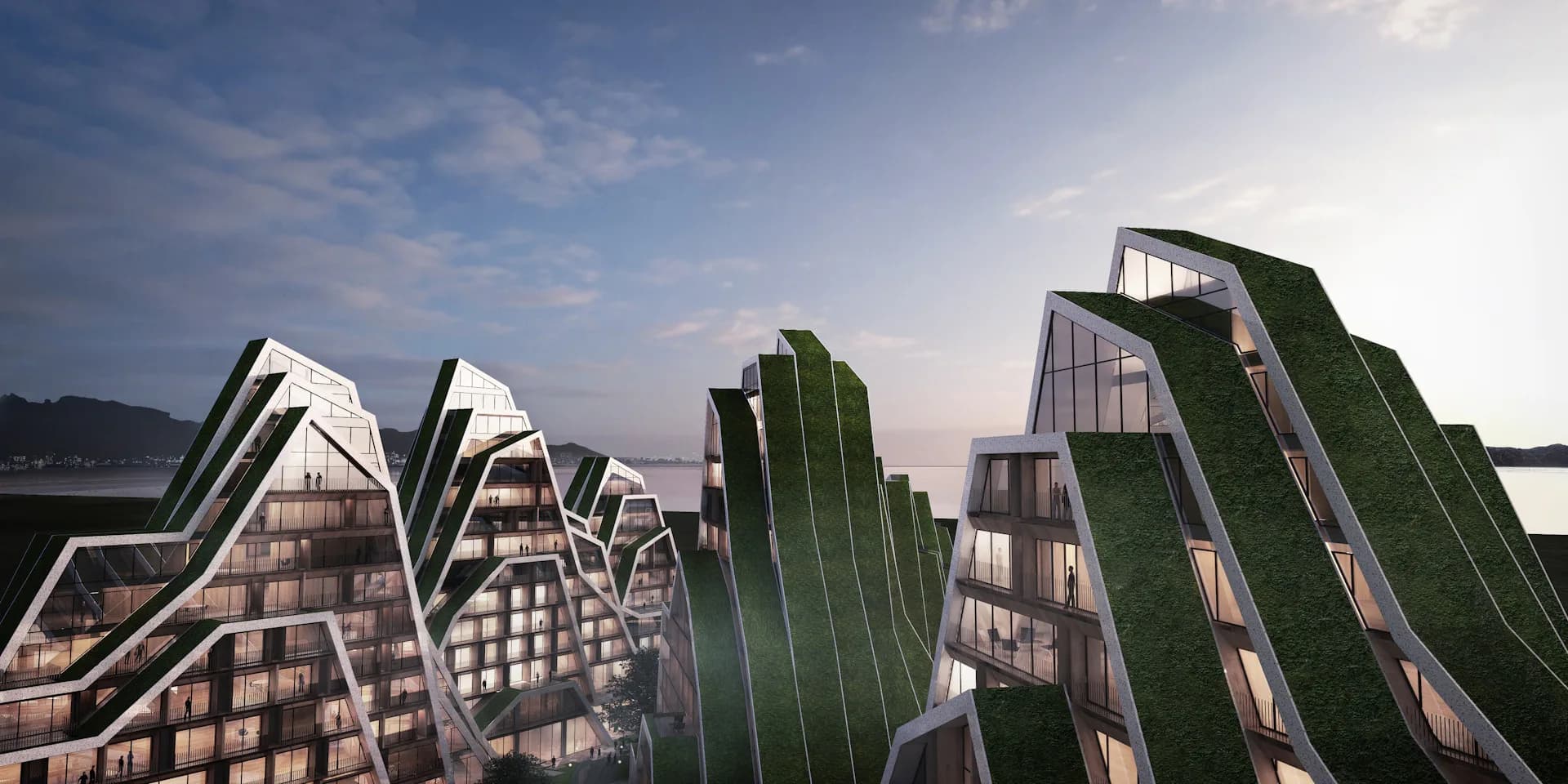 Futuristic residential towers with undulating curved facades and integrated vertical gardens rise against a bright sky, featuring dramatic architectural forms by BIG - Bjarke Ingels Group.