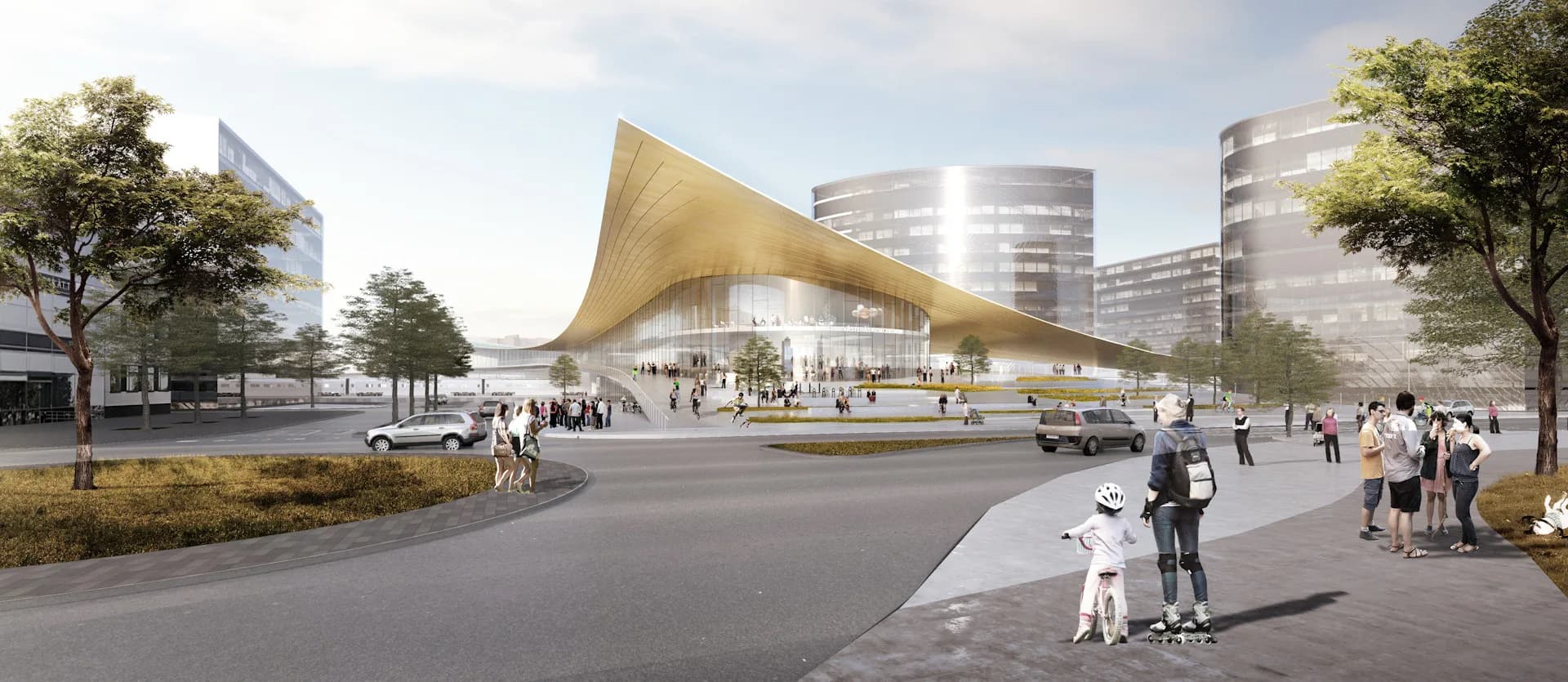 A contemporary public plaza features a striking golden sculptural canopy structure with curved architectural forms, surrounded by landscaping, pedestrian pathways, and mid-rise buildings in the background by BIG - Bjarke Ingels Group.