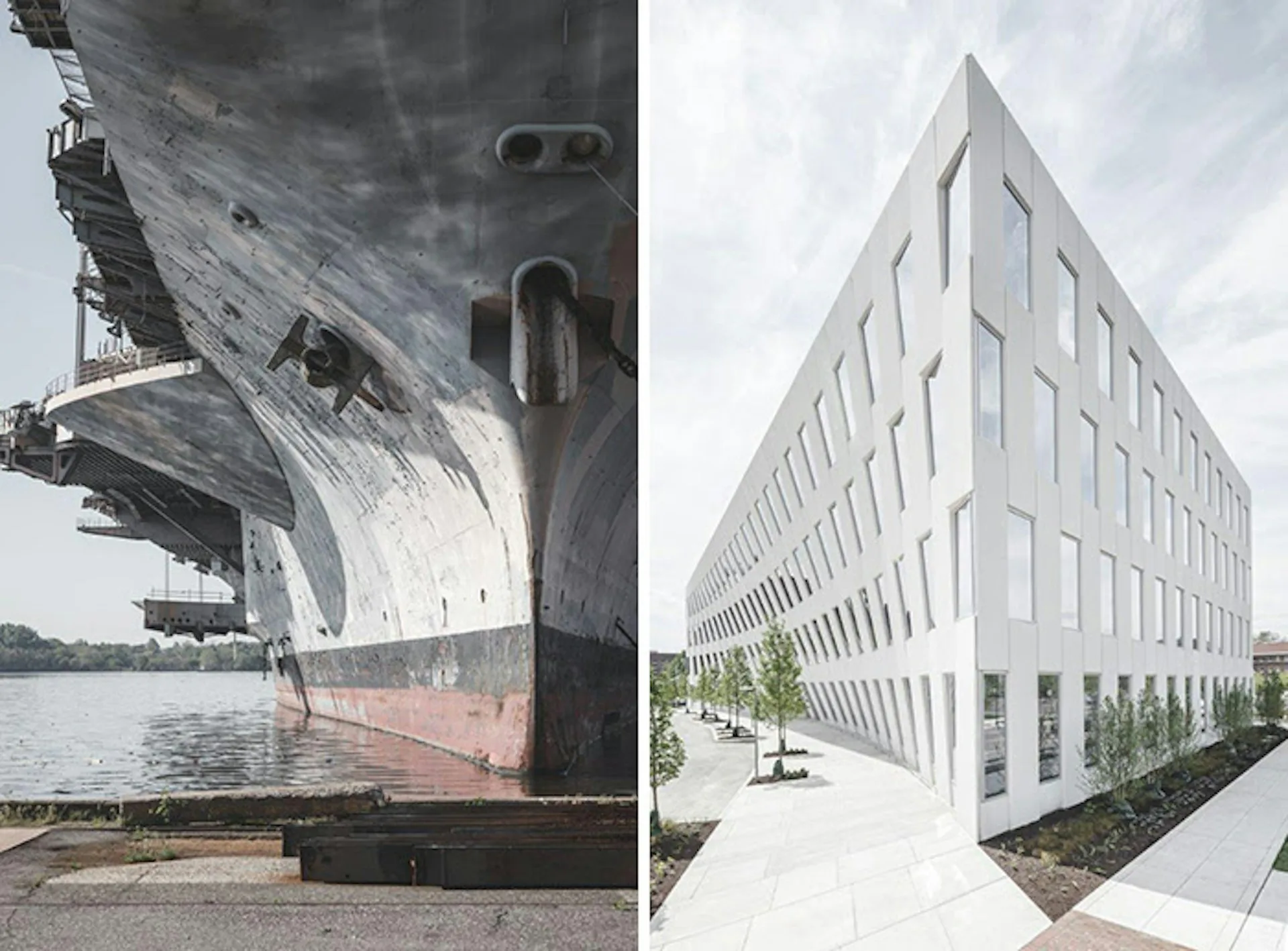 Left: Dramatic close-up of a ship's hull and propeller in water. Right: Modern white office building with geometric facade and glazing, designed by BIG - Bjarke Ingels Group.