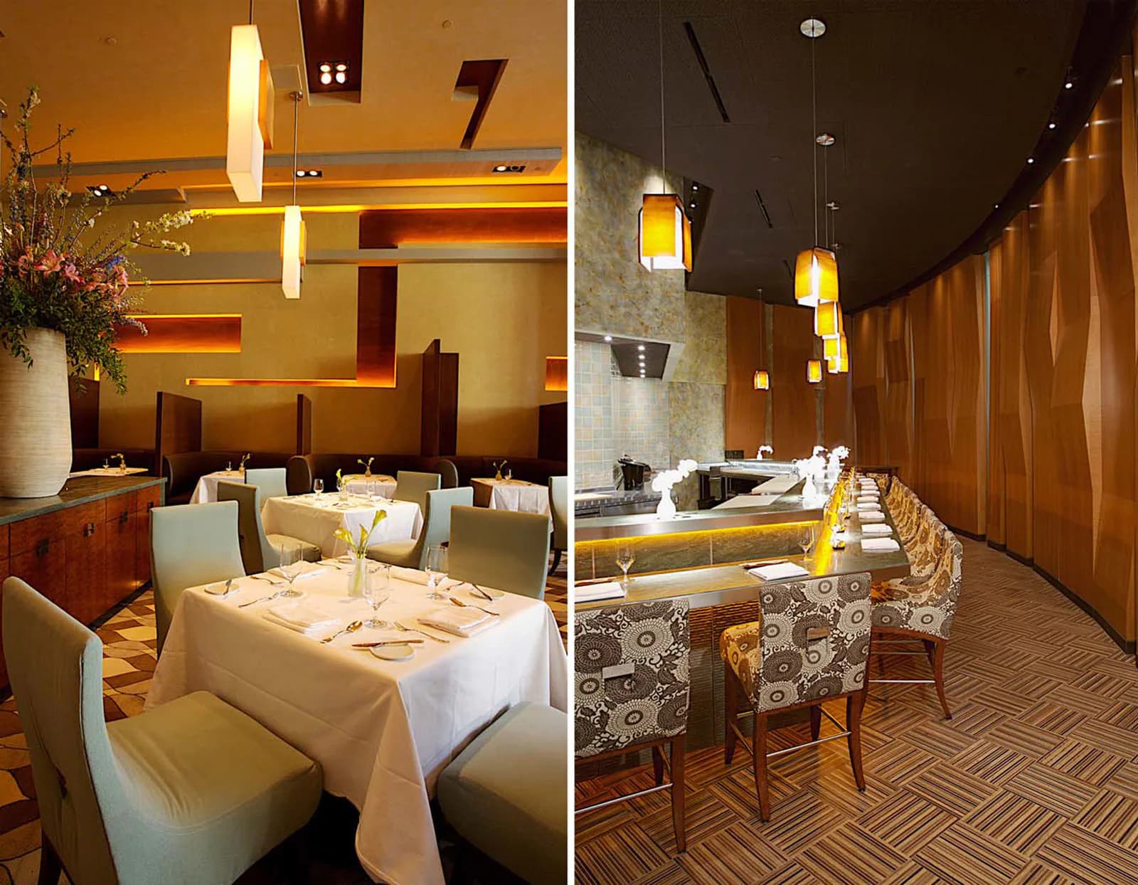 Two elegant restaurant dining spaces featuring warm wood accents, modern pendant lighting, white tablecloths, and patterned upholstered chairs by Bliss Fasman.