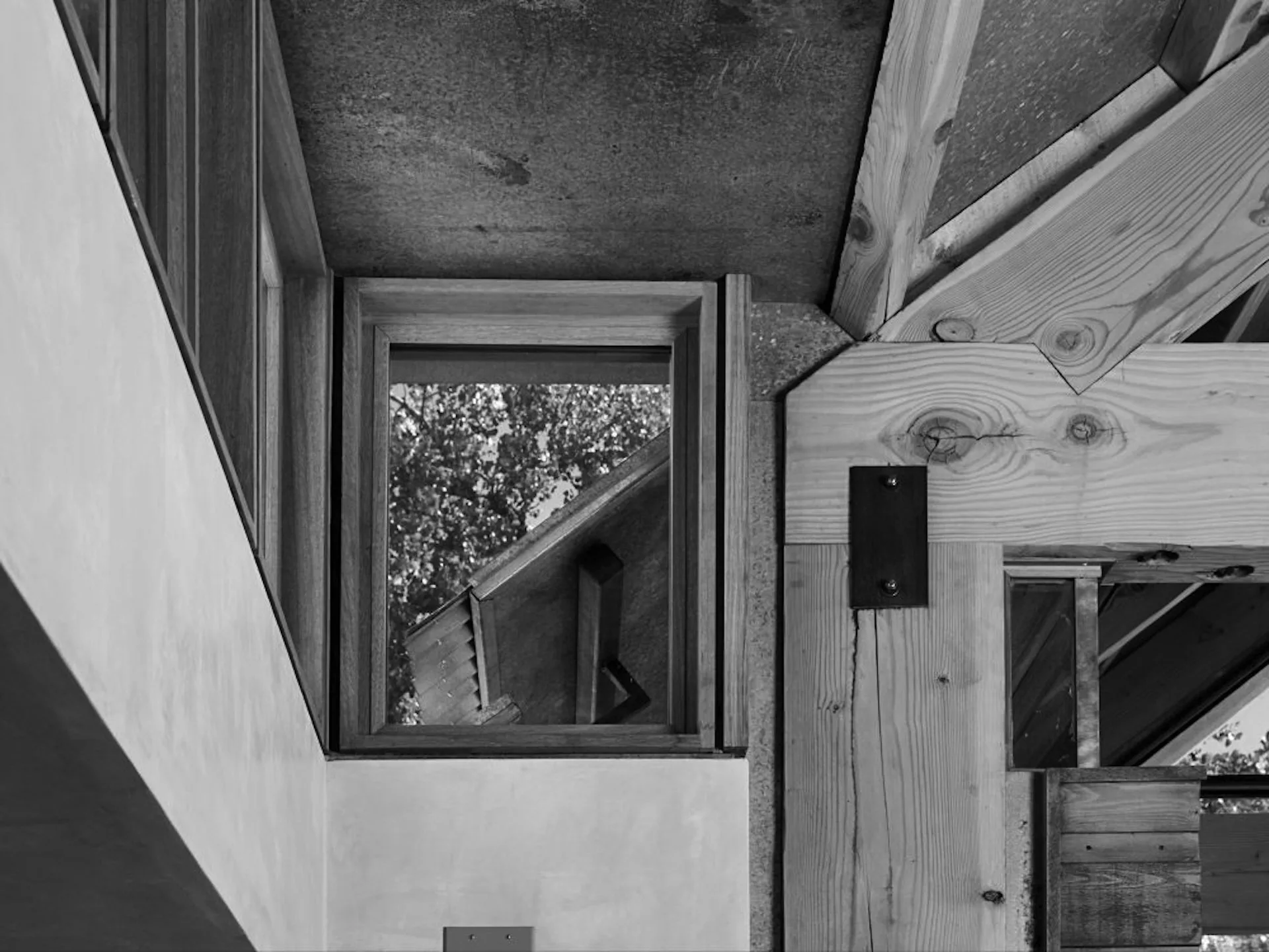 Black and white photograph of a modern interior featuring concrete ceiling, wooden beam details, and a window framing exterior foliage, by Bone/Levine Architects.