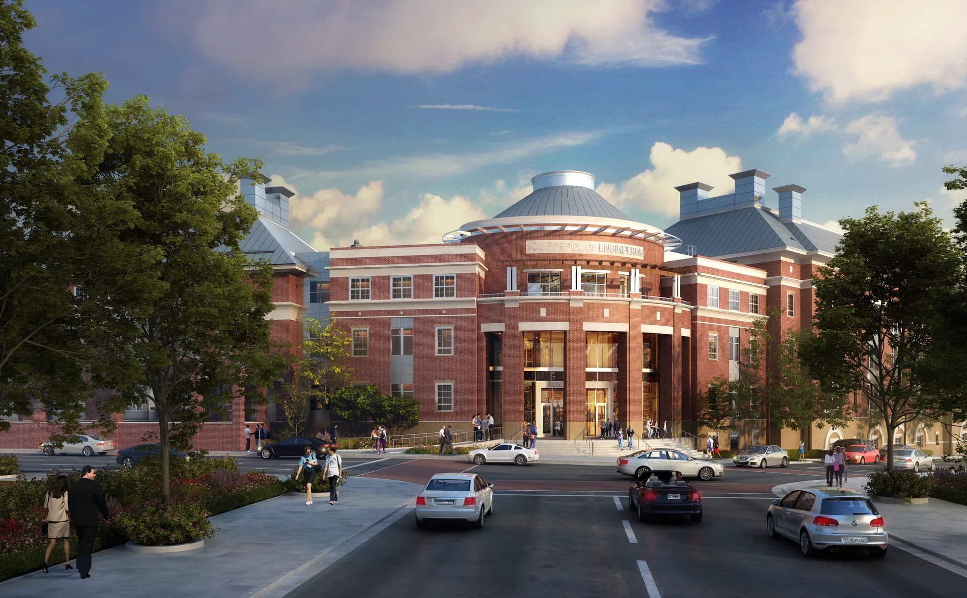 Brick neoclassical building with domed rotunda entrance lit by warm golden light, surrounded by trees and street activity, rendered by Borealis Lighting Studio (BR+A Consulting Engineers).