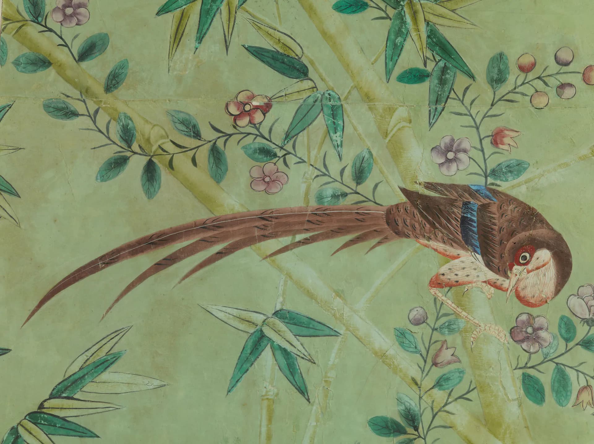 Watercolor illustration of a pheasant perched among flowering branches and foliage with delicate botanical details by Williams Lawrence.