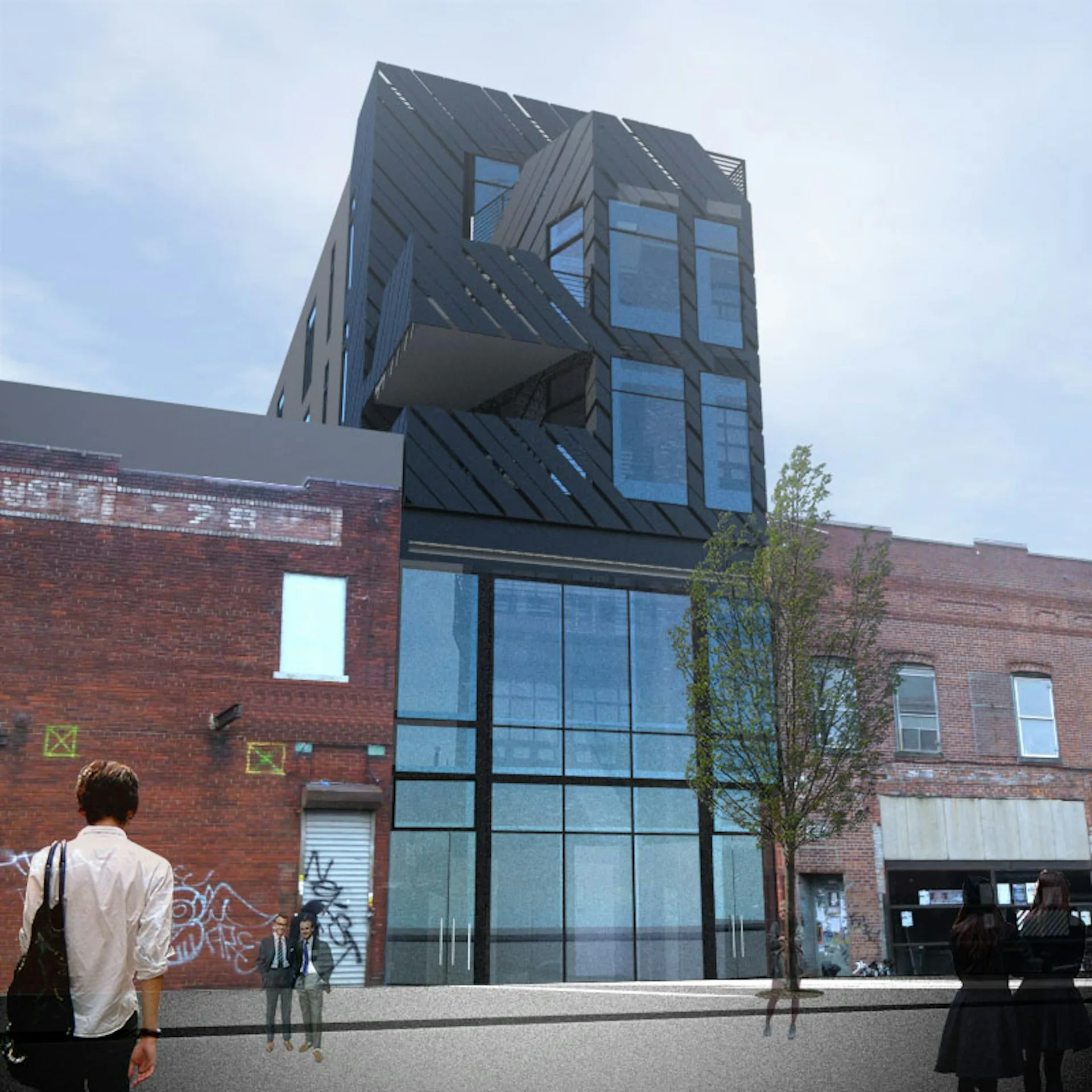 Architectural rendering of a modern glass and steel tower addition to a brick industrial building, featuring angular dark metalwork and large windows, by Bureau V.