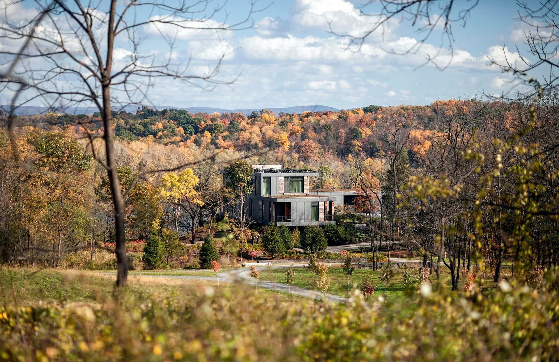 Contemporary residential home set in wooded landscape with autumn foliage, featuring modern architecture with clean lines and stone/metal materials by BWArchitects.