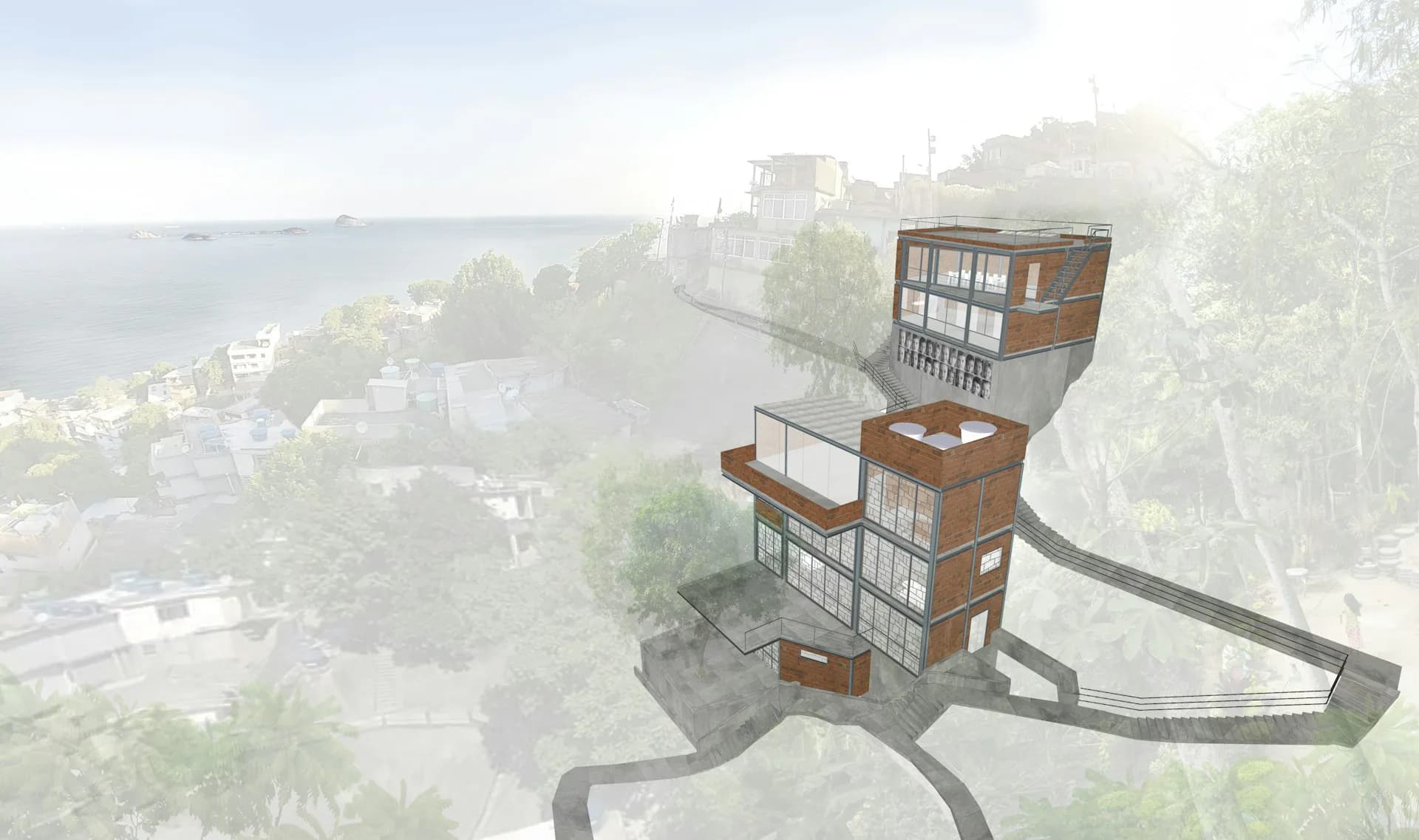 Architectural rendering of a stacked residential tower with cantilevered wooden volumes overlooking a waterfront landscape by BWArchitects.