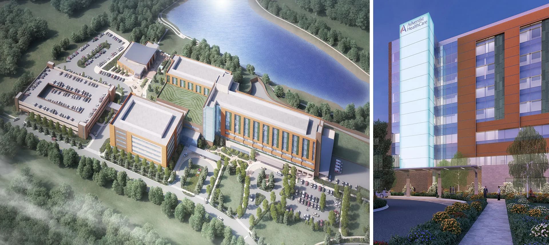 Aerial site plan and elevation rendering of a waterfront mixed-use development with residential tower, landscaped grounds, and waterfront access by CallisonRTKL.