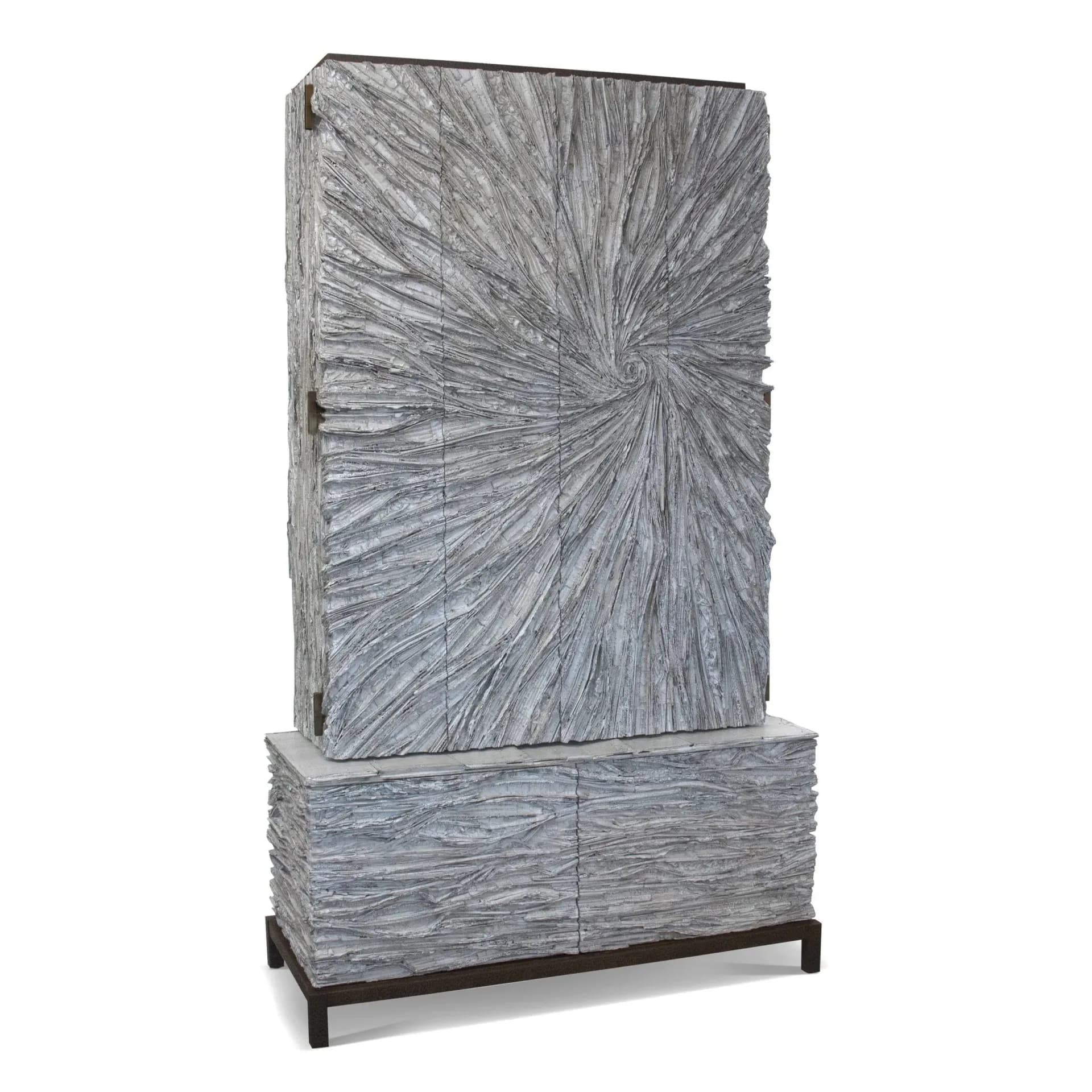 Gray wood-grain cabinet with starburst pattern front panel and lower storage base on dark metal frame by Chapter & Verse.