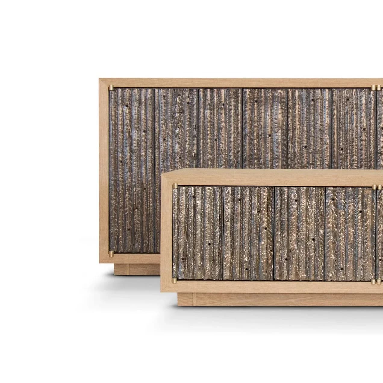 Two wooden cabinets with textured gray panel fronts and natural wood frames shown in a staged product presentation by Chapter & Verse.