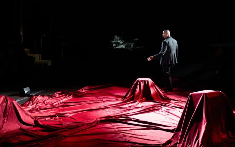 Theatrical stage installation featuring dramatic red fabric draping and sculptural forms with dramatic lighting by Charlap Hyman & Herrero.