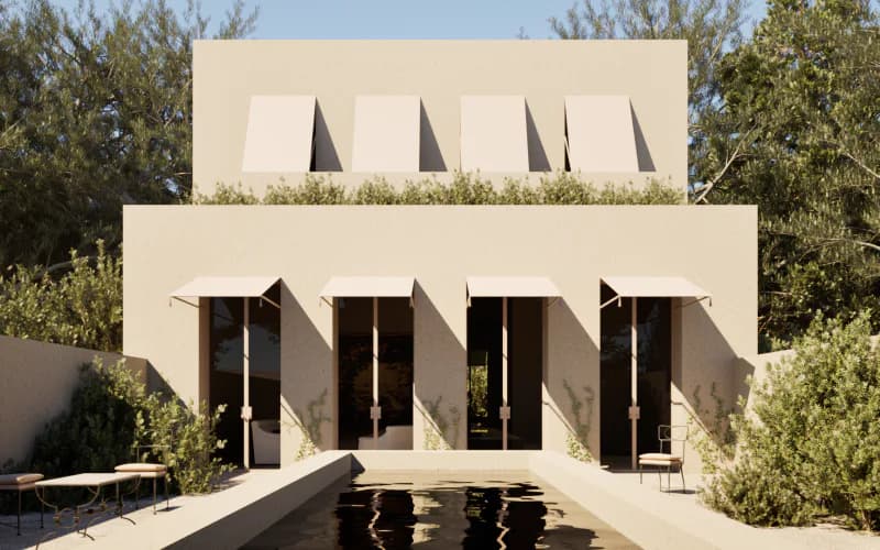 Minimalist cream-colored residential building with geometric cutout details, dark-framed glass doors, and a reflecting pool, surrounded by natural landscaping by Charlap Hyman & Herrero.