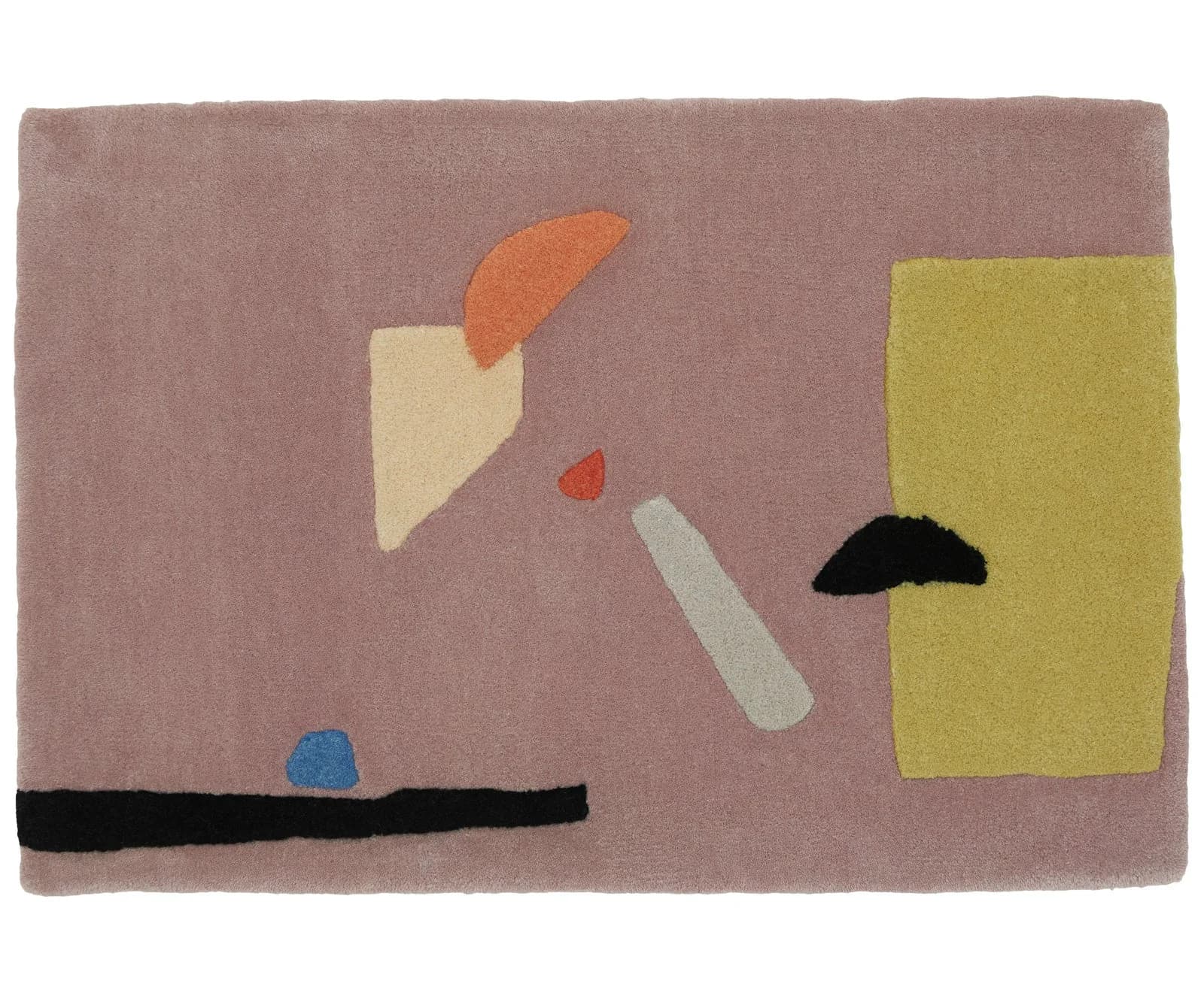 Abstract textile rug with geometric shapes in mauve, yellow, cream, orange, and black on a soft wool base by Cold Picnic.