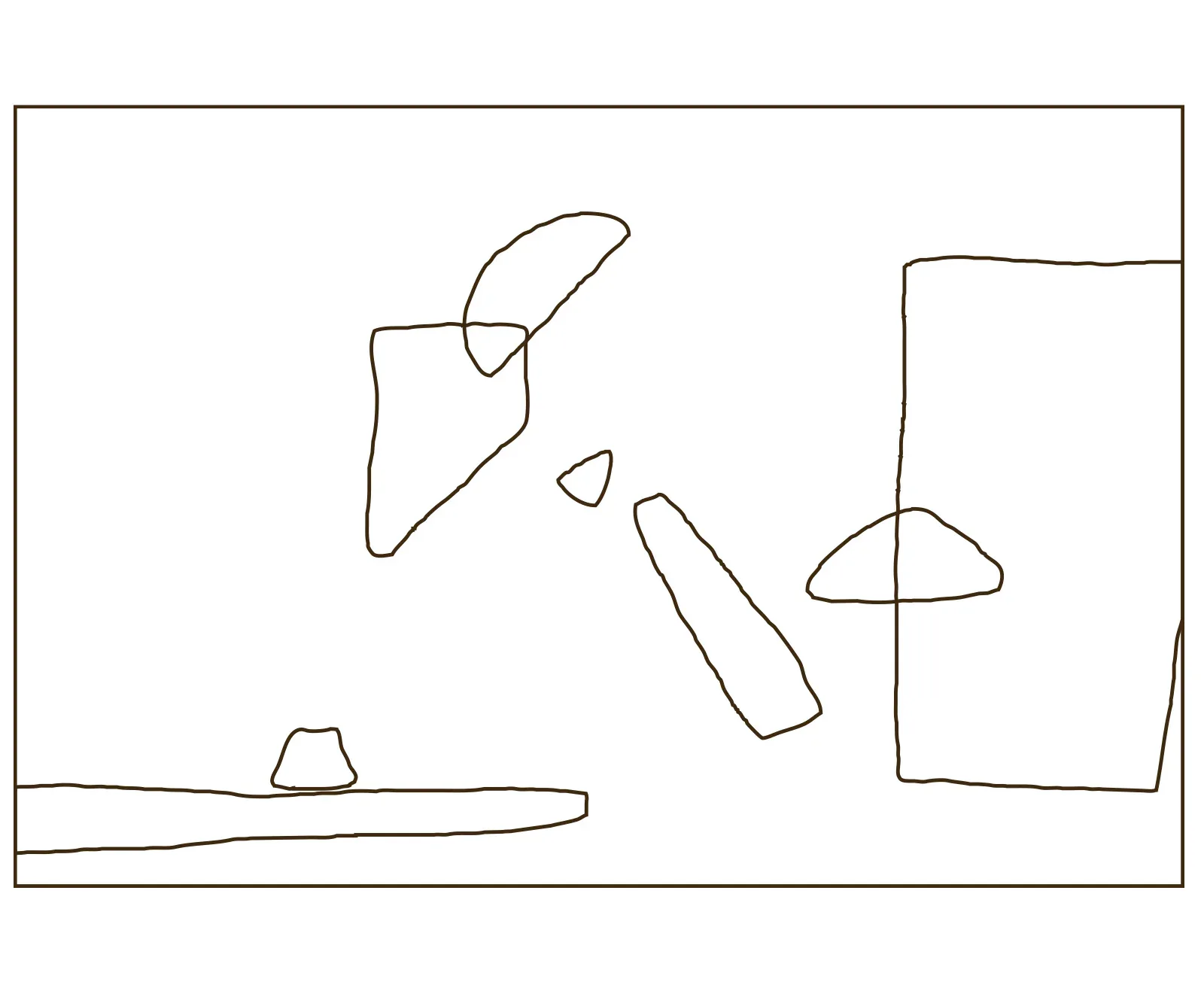 Minimalist line drawing of abstract interior space with geometric furniture forms and architectural elements by Cold Picnic.