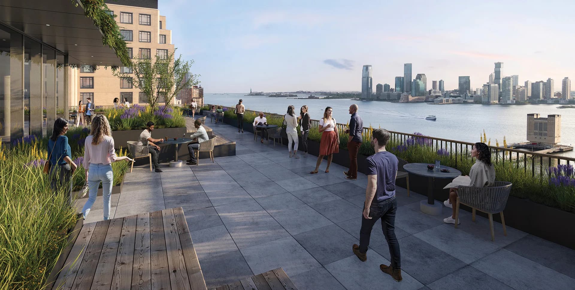 Waterfront plaza with paved terrace, seating areas, and planted greenery overlooking a city skyline, designed by COOKFOX Architects.