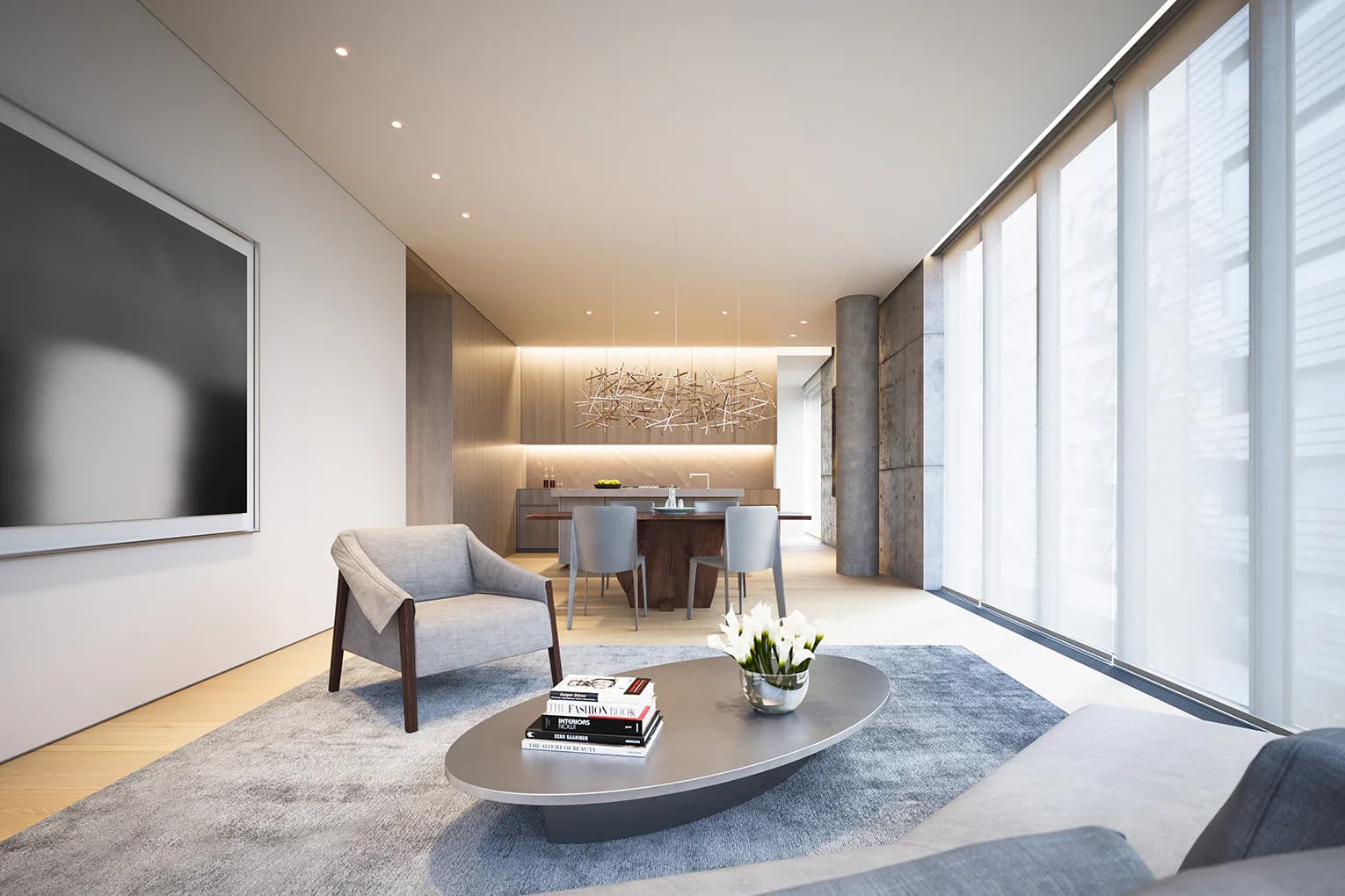Modern office lounge with curved white marble table, upholstered seating, floating wooden desk, floor-to-ceiling windows, and warm ambient lighting by Cooley Monato Studio.