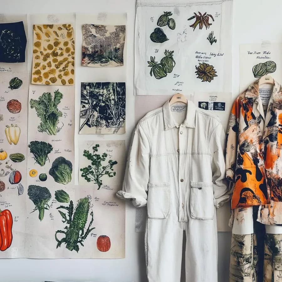 Design studio mood board featuring botanical illustrations, fabric swatches, and clothing pieces in neutral and patterned tones by Creativo Design Studio.