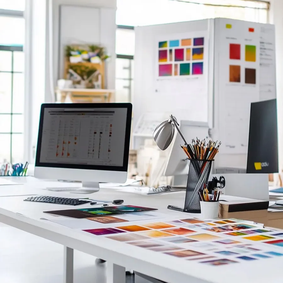 Bright creative workspace featuring white desk with color swatches, design tools, computer monitor displaying digital work, and mood boards with color palettes by Creativo Design Studio.