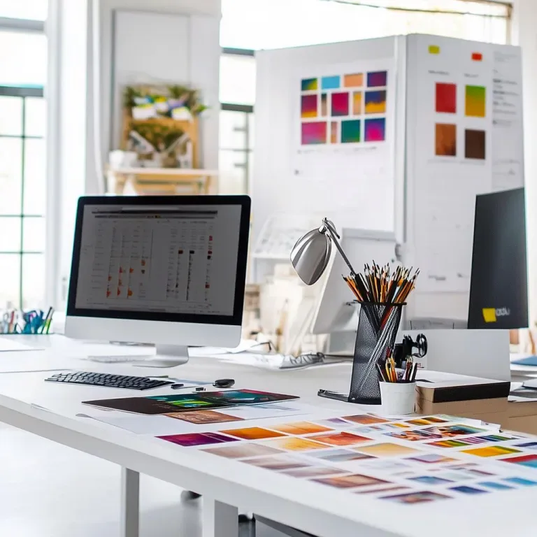 Bright creative studio workspace featuring a white desk with color swatches, design materials, computer monitor displaying design work, and mood boards with color palettes on the wall by Creativo Design Studio.