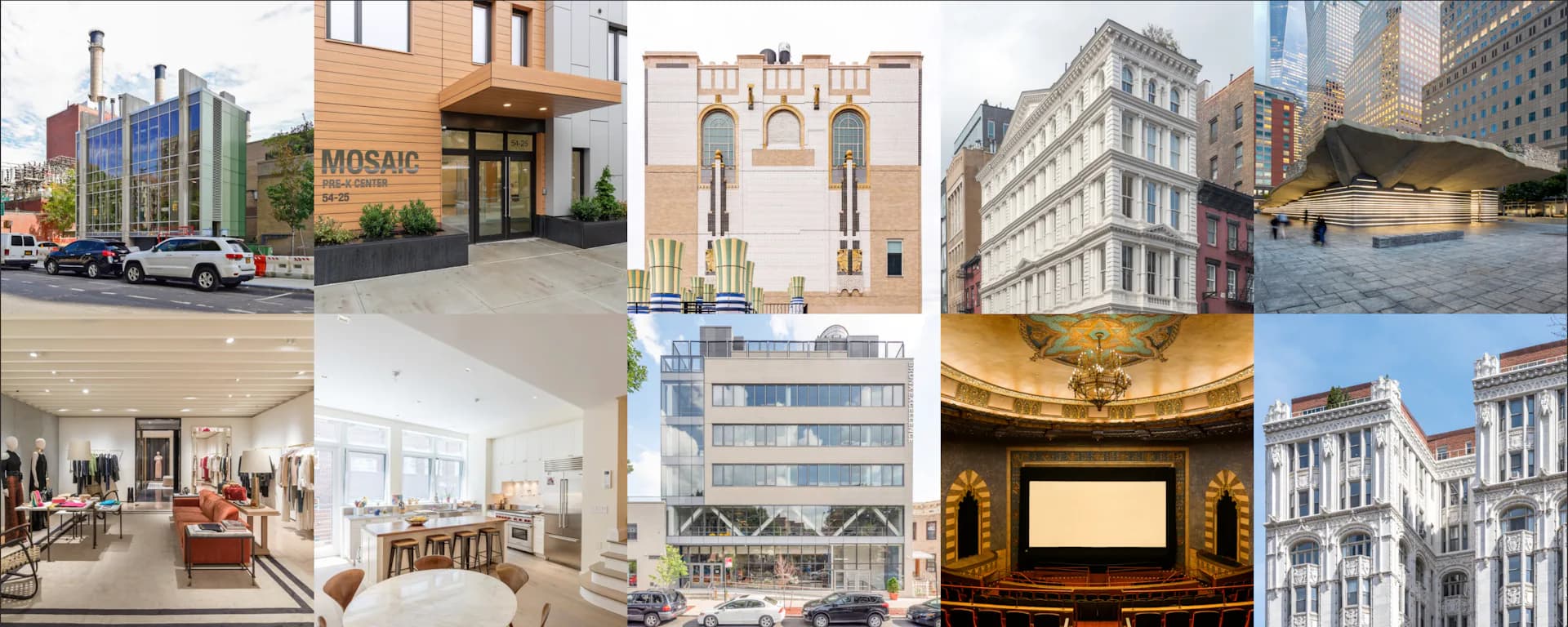 Portfolio collage showcasing diverse architectural projects by CTA Architects P.C., featuring exterior building facades, interior spaces, theater seating, and residential designs in varied materials and styles.
