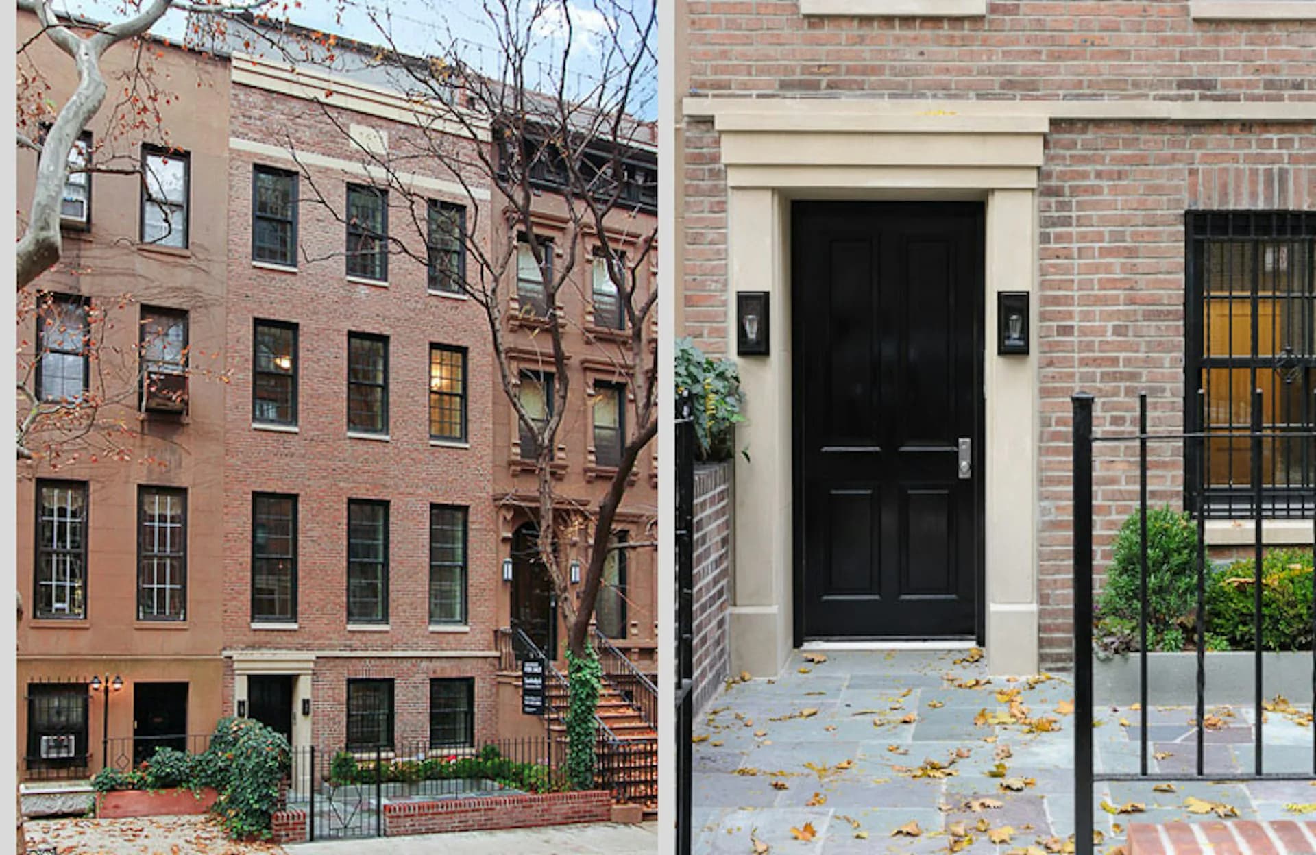 Before and after exterior renovation of a brick townhouse featuring updated black entrance door and refined facade details by Daniel Frisch Architecture.