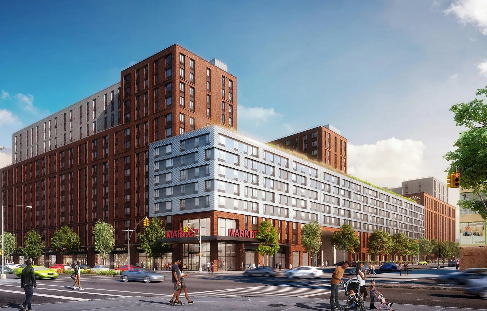 Mixed-use urban development with red brick residential towers, blue-grey base building, street-level retail, pedestrians, and landscaping by Dattner Architects.