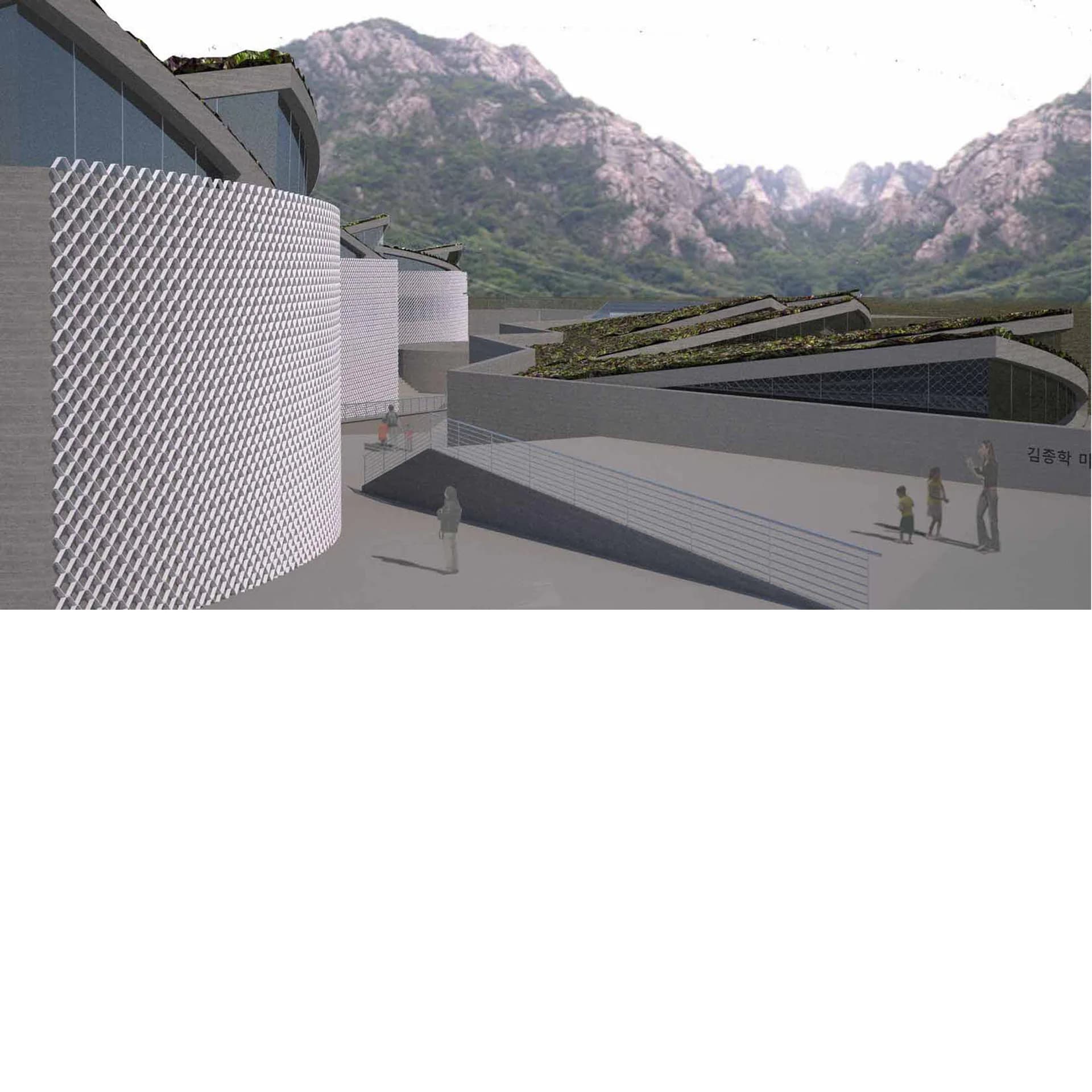 Architectural rendering of a modern museum or cultural center nestled in a mountainous landscape, featuring white geometric facades, dark reflecting pools, and integrated landscape design by David Yum Architects.