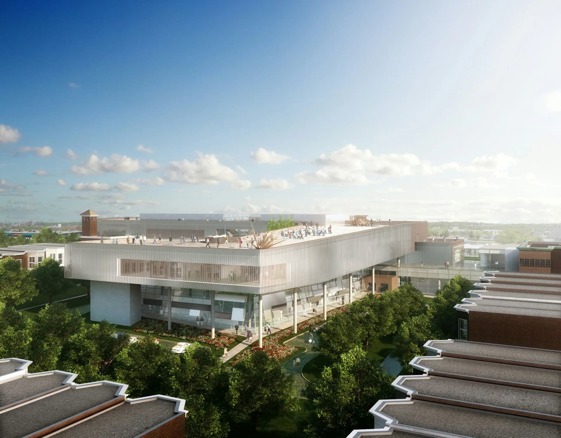 Aerial view of a modern institutional building with white facade and curved forms surrounded by trees, showing synthetic lighting and idealized landscape composition by Davis Brody Bond, a Page Company.