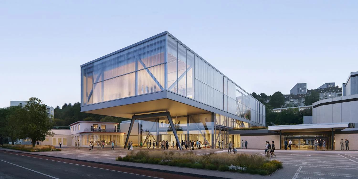 Modern elevated glass and steel pavilion with warm wood interior and open ground-level plaza, featuring synthetic lighting and idealized human figures, by Diller Scofidio + Renfro.