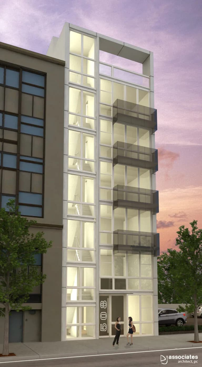 Tall narrow residential building with illuminated interior spaces, dark balconies, and street-level entrance, set against a purple sunset sky by DJ Associates Architect, pc.