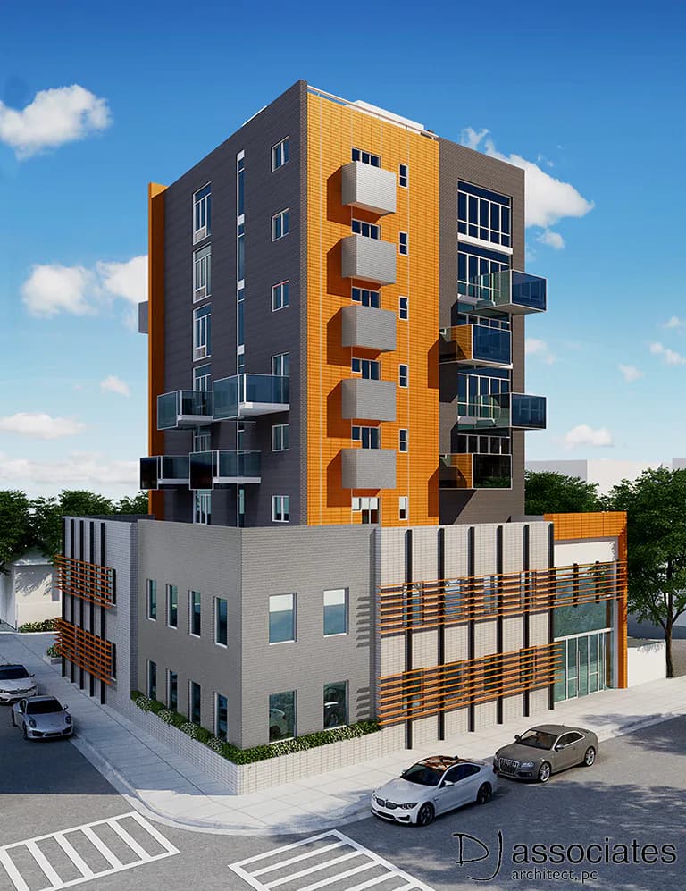 Contemporary mixed-use building featuring bold orange and charcoal facades with stacked balconies, ground-floor commercial space, and integrated parking by DJ Associates Architect, pc.
