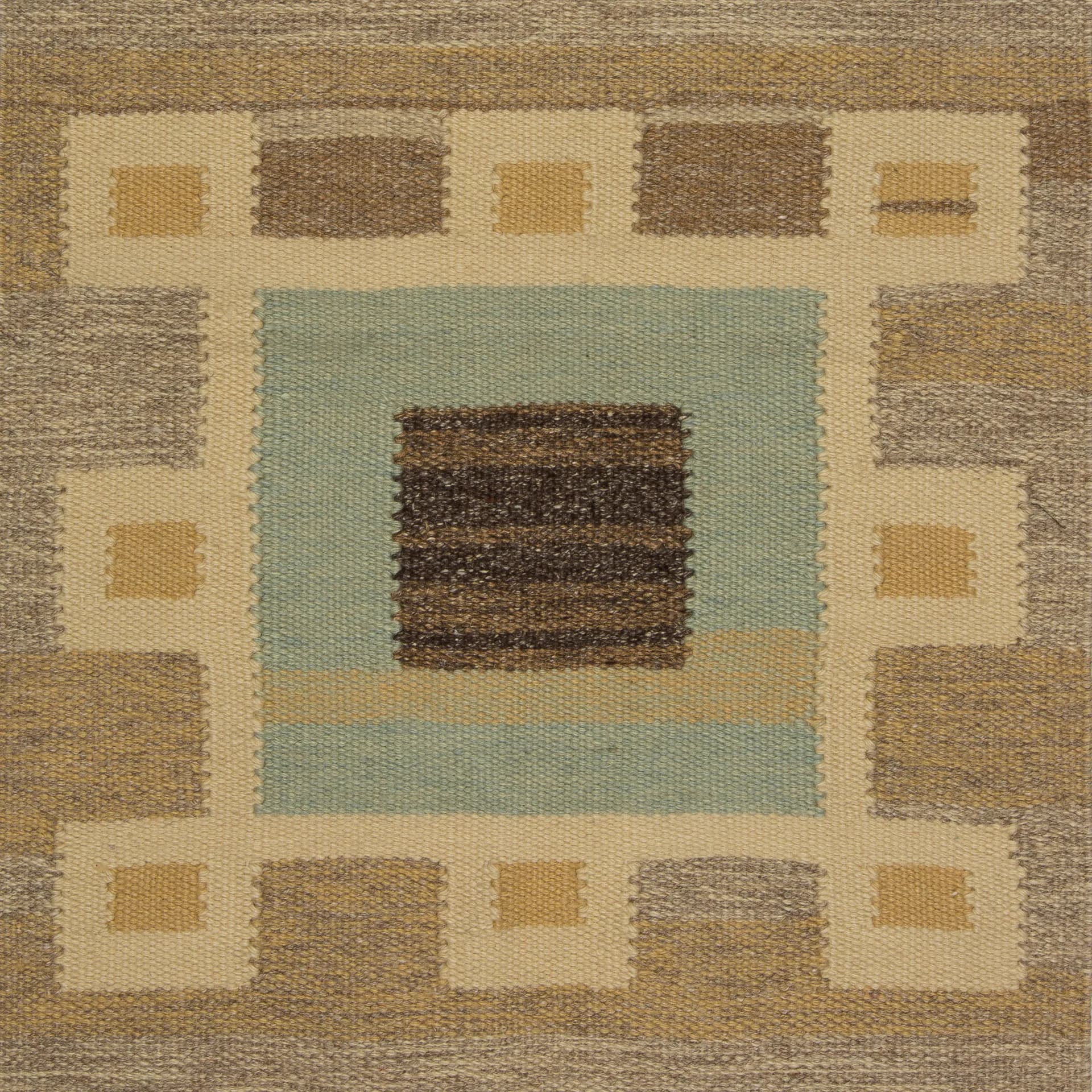 Geometric wool rug with concentric squares in sage green, brown, cream, and tan tones by Doris Leslie Blau.