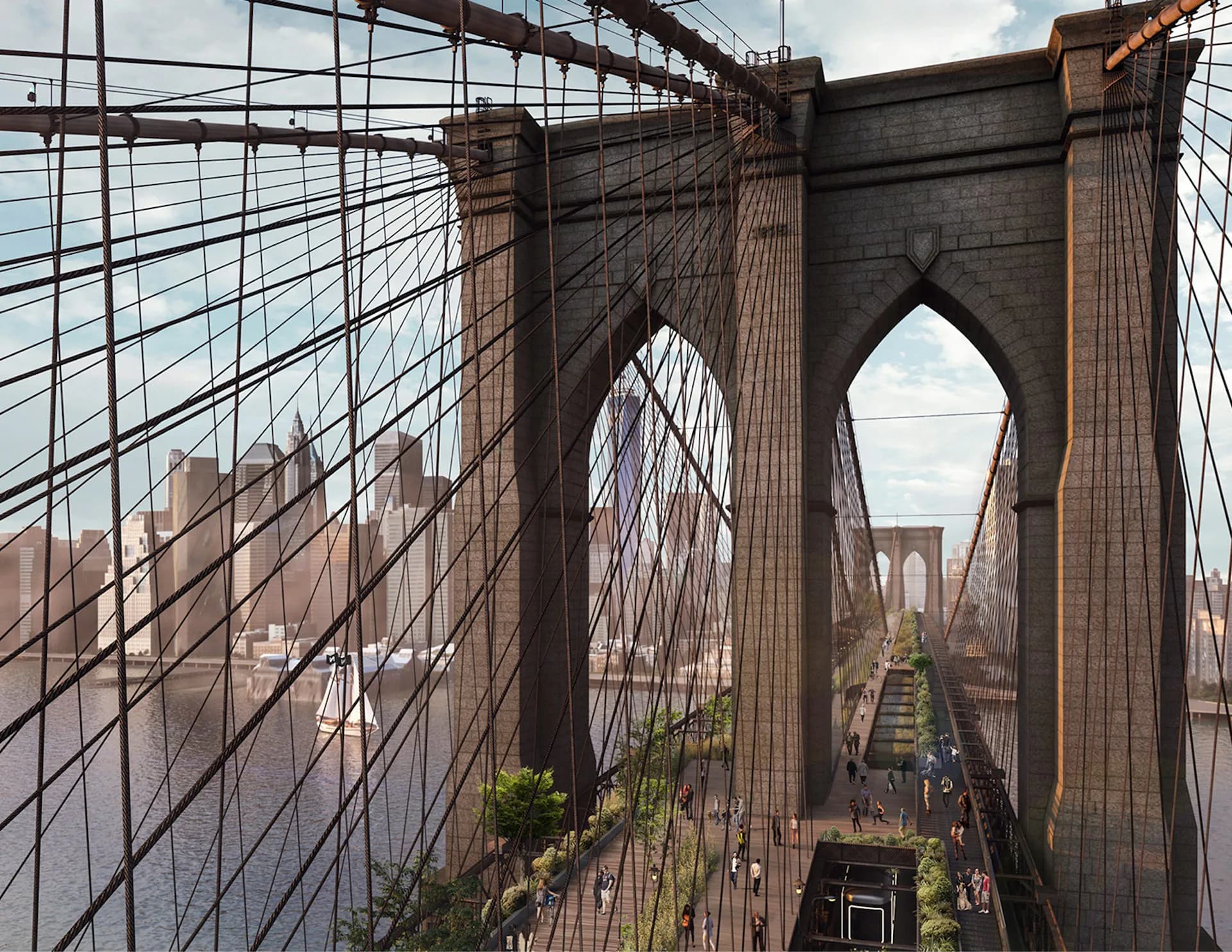 The Brooklyn Bridge's iconic stone towers and steel cable design frame a pedestrian walkway with cityscape views, architectural photography by DXA studio.