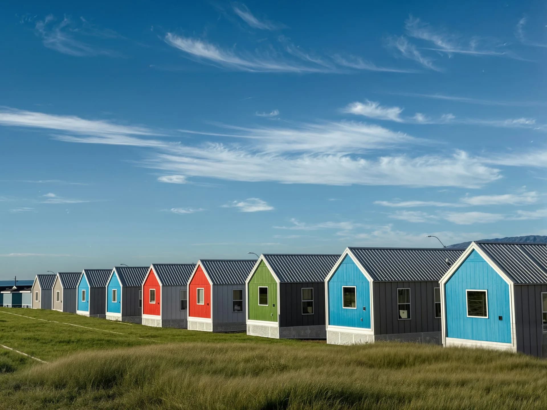 Row of colorful residential beach huts with pitched roofs in bright blue, red, orange, and lime green, set against green grass and blue sky, by DXA studio.