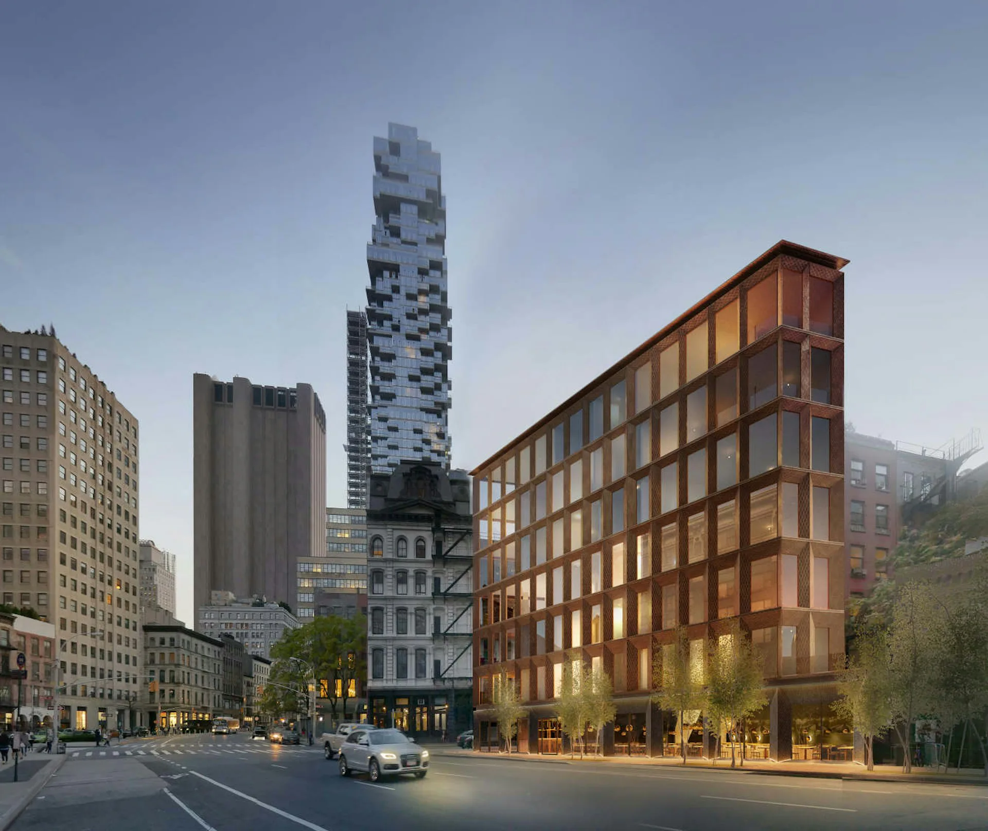 Urban streetscape with mixed-use buildings featuring warm brick and glass facades, tall residential tower, and classical architecture by DXA studio.
