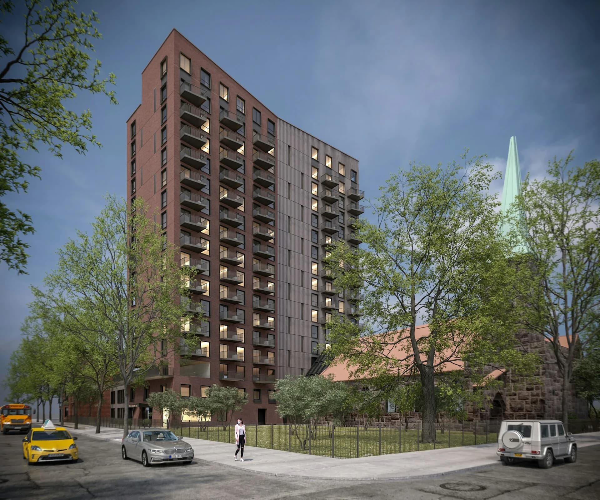 Brick residential tower with ground-level retail and plaza, surrounded by trees and urban streetscape, by DXA studio.