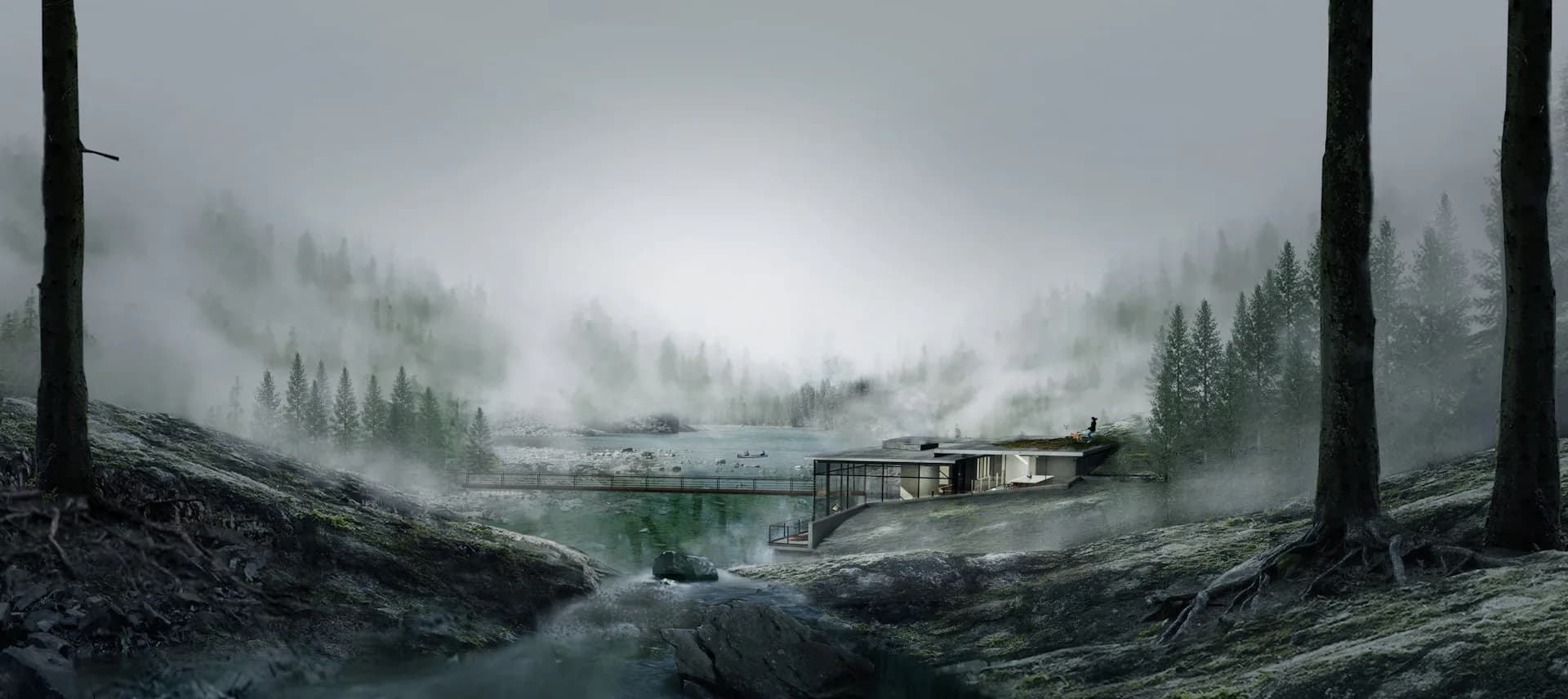 Misty forest landscape with a modern residential structure beside a calm stream, surrounded by tall evergreen trees and rocky terrain by Echo Design + Architecture, P.C