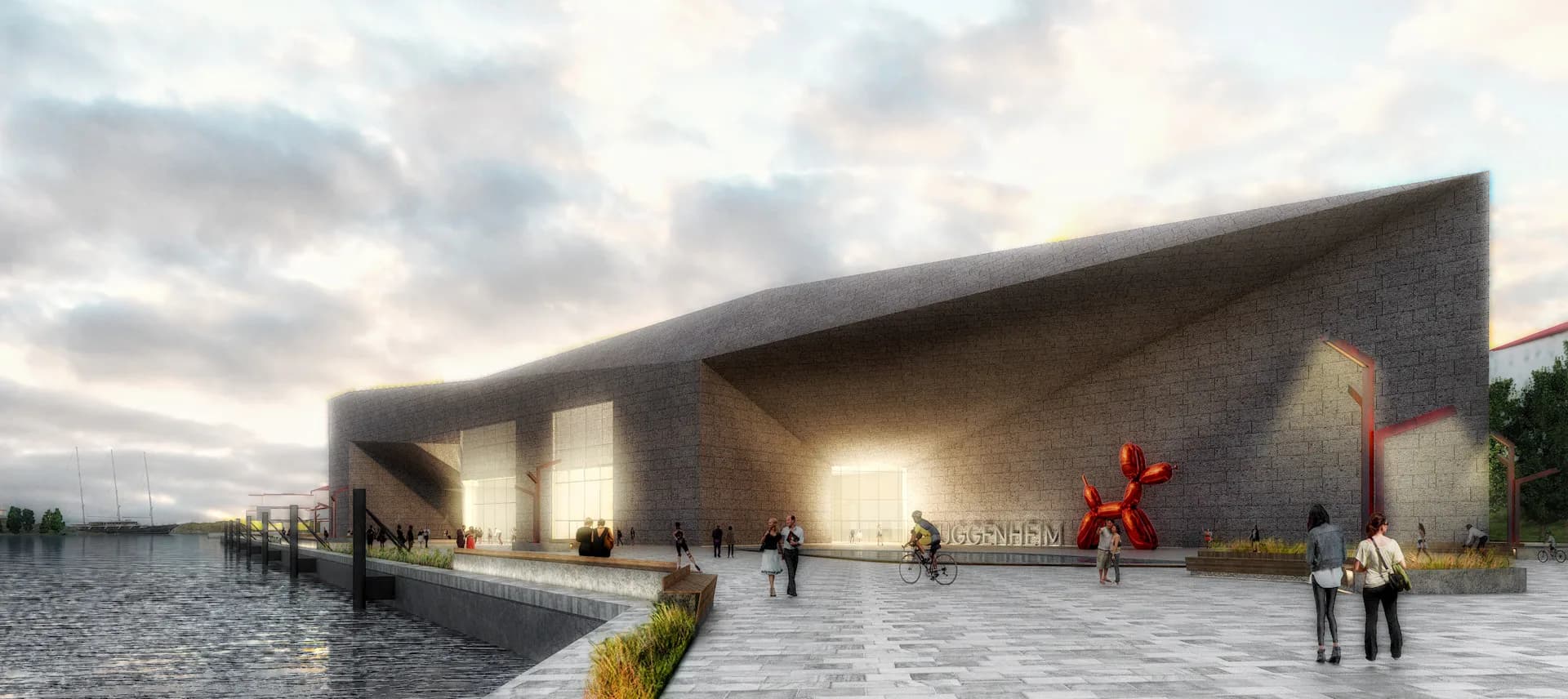 Waterfront institutional building with dark brick facade and large glazed openings, featuring synthetic figures and impossibly perfect reflective water surface, by Echo Design + Architecture, P.C