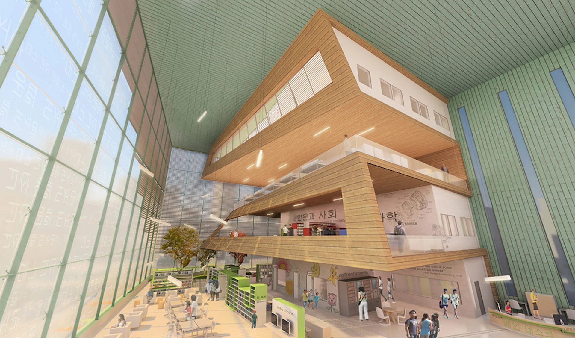 Multi-story interior atrium with stacked wooden platforms, floor-to-ceiling glazing, green corrugated ceiling, and synthetic figures throughout, designed by Echo Design + Architecture, P.C.
