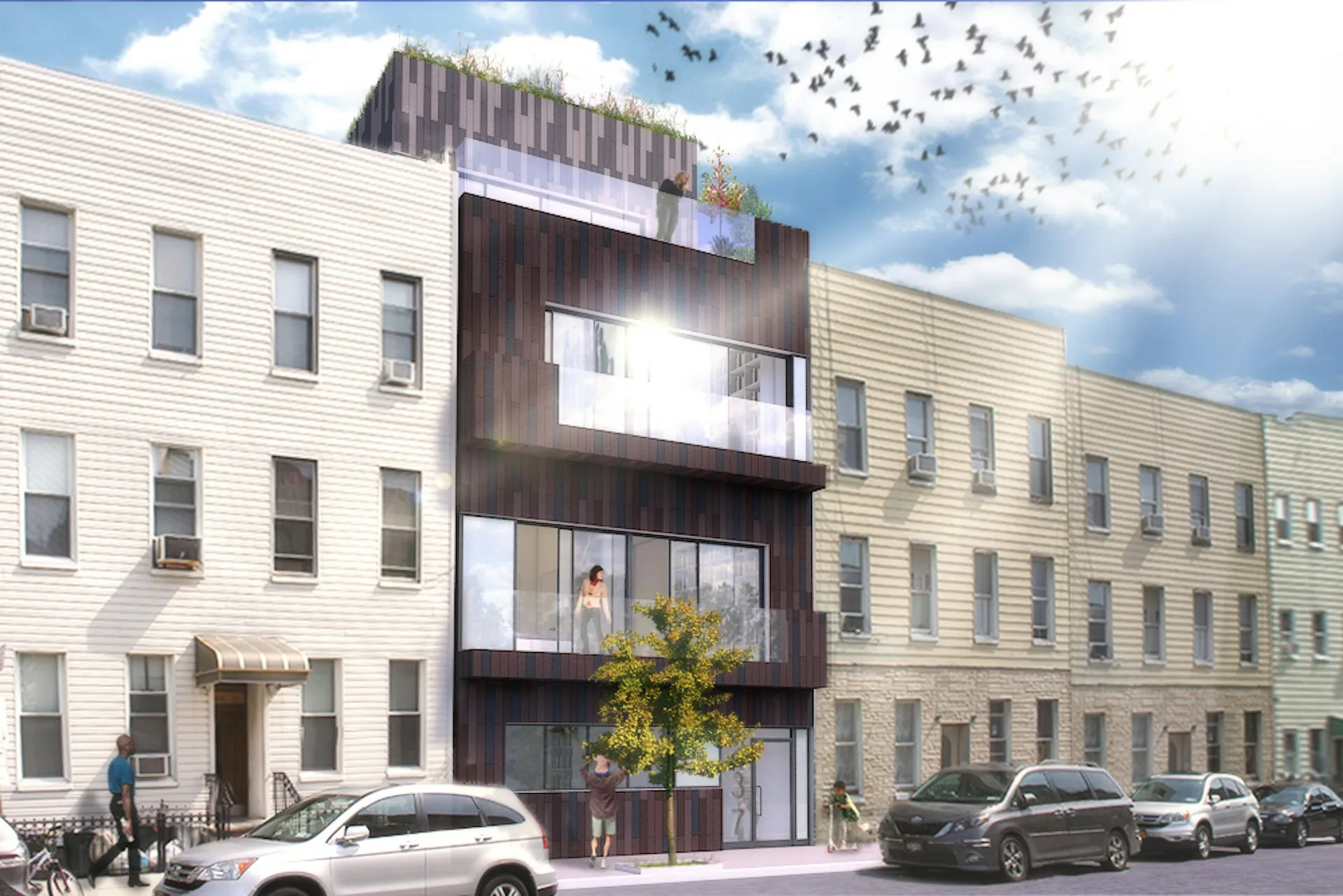 Architectural rendering of a modern narrow infill building with dark metal-clad facade and glass balconies nestled between traditional residential buildings on an urban street by Echo Design + Architecture, P.C.