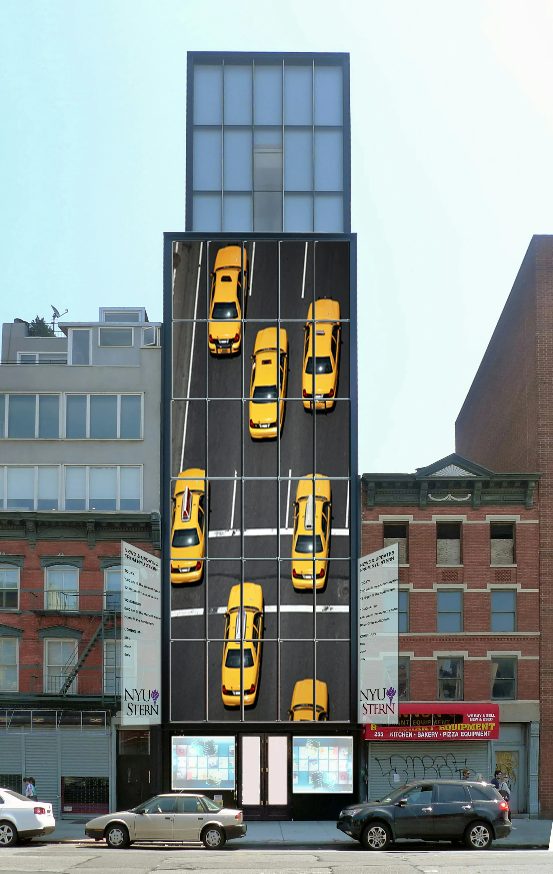 Tall urban installation featuring a facade with painted yellow taxis arranged in a dynamic parking pattern on black background, flanked by historic brick buildings, by EFM Design.