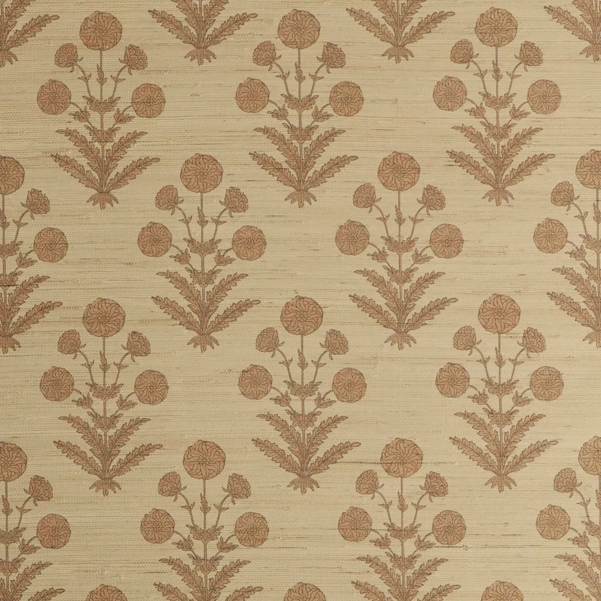 Repeating botanical pattern wallpaper or textile featuring stylized trees with spherical foliage in warm tan and brown tones by Elizabeth Eakins.