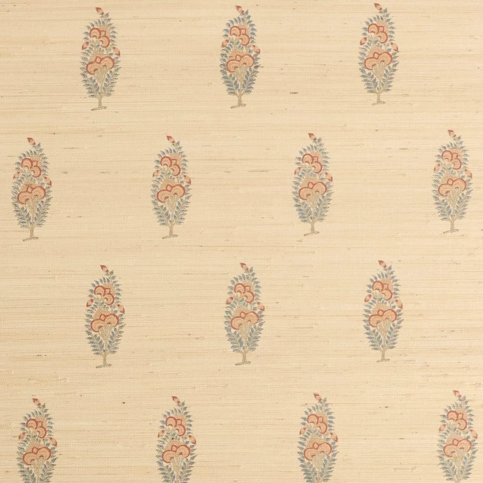 Cream-colored wallpaper with repeating vertical floral motifs in coral and gray by Elizabeth Eakins.