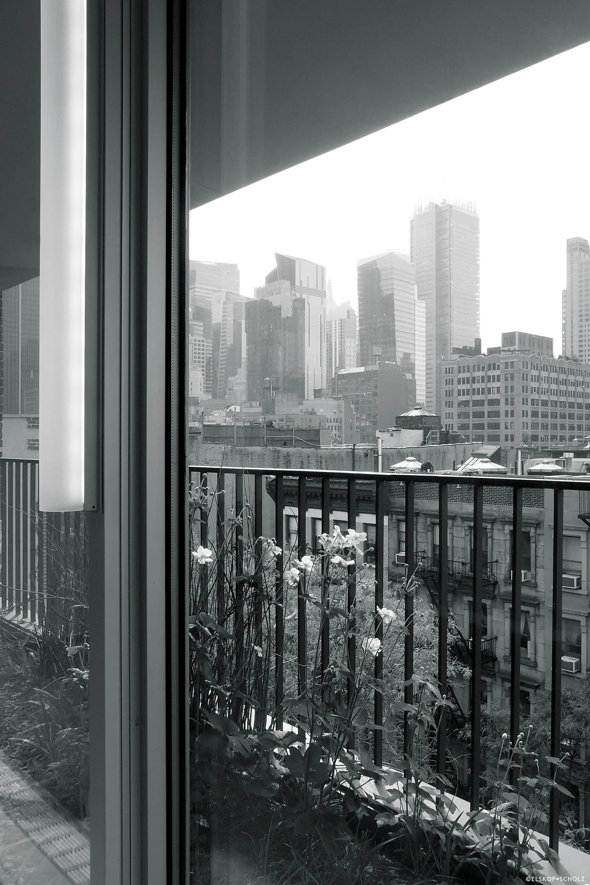 Black and white photograph of a high-rise apartment balcony with modern metal railings, potted flowers, and expansive skyline views of downtown skyscrapers by Elskop Scholz LLC.