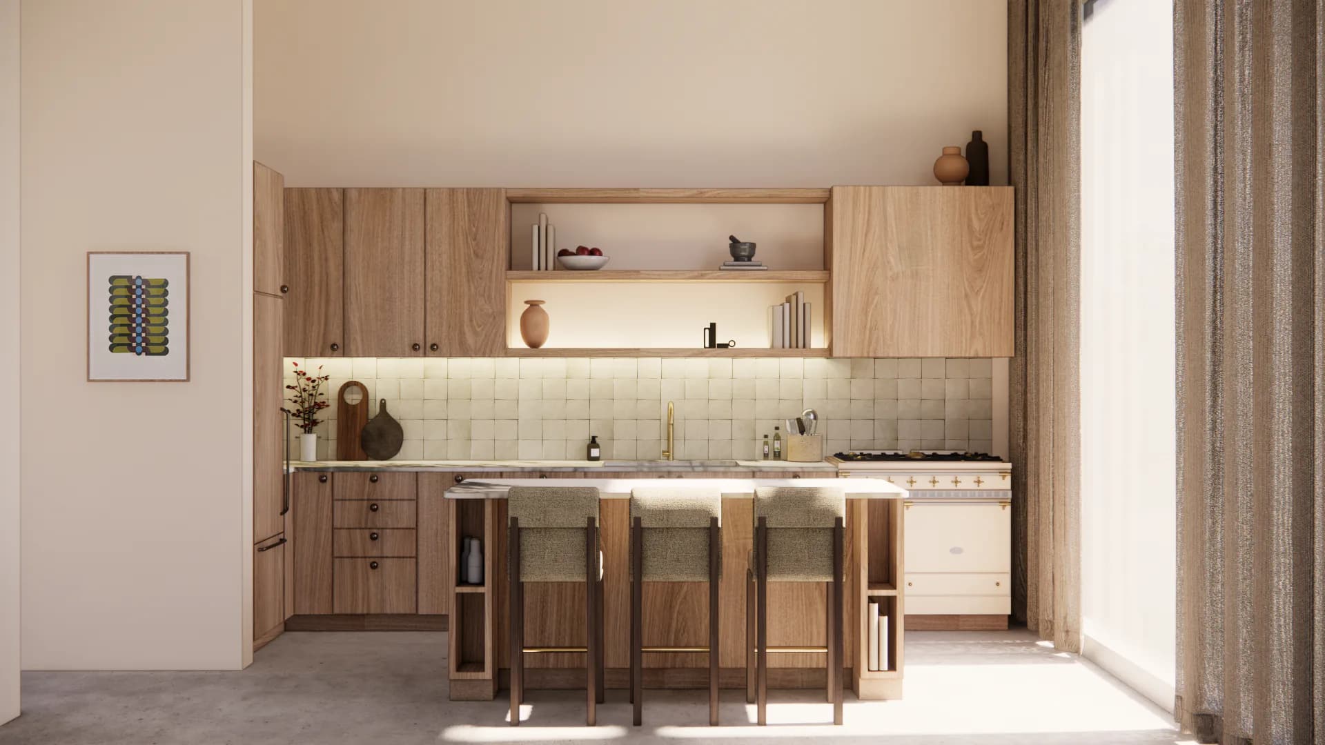Warm-toned kitchen interior with natural wood cabinetry, open shelving, tile backsplash, and wooden bar seating by Ember Studio.