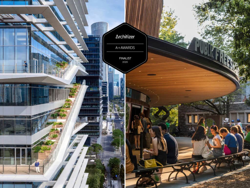 Modern curved wooden pavilion with integrated seating in an urban park setting, surrounded by contemporary glass architecture and greenery, by Ennead Architects.