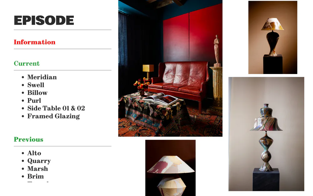 Contemporary interior with red upholstered seating, sculptural lighting installations, and warm ambient lighting creating a sophisticated lounge space by Episode.